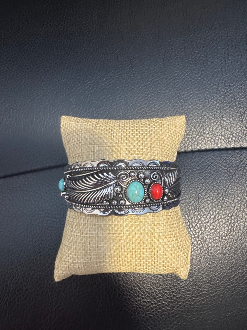 Silver-Tone Cuff with Turquoise and Red Stones
